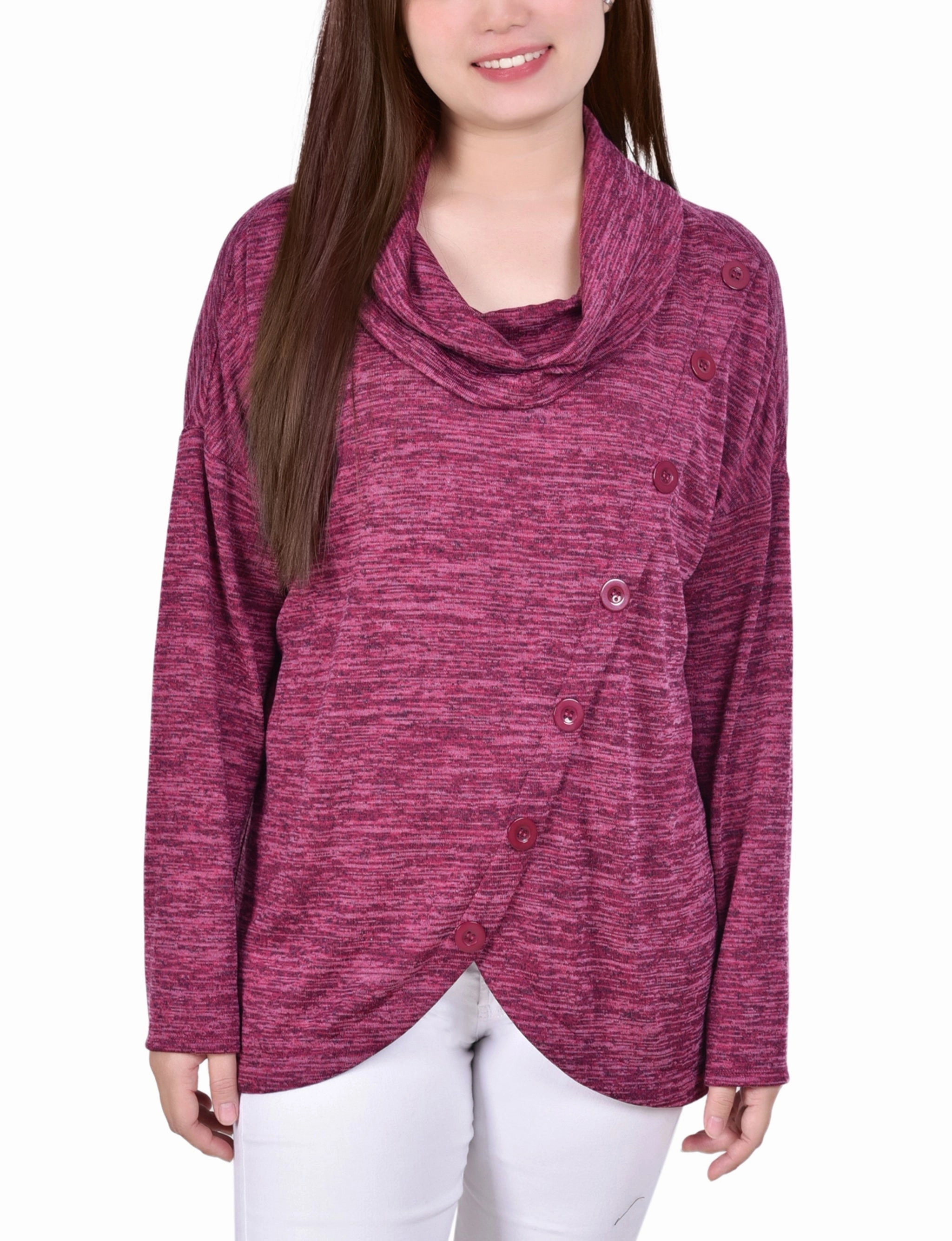 Long Sleeve Cowl Neck Top With Button Detail LowMaintenance Fabric