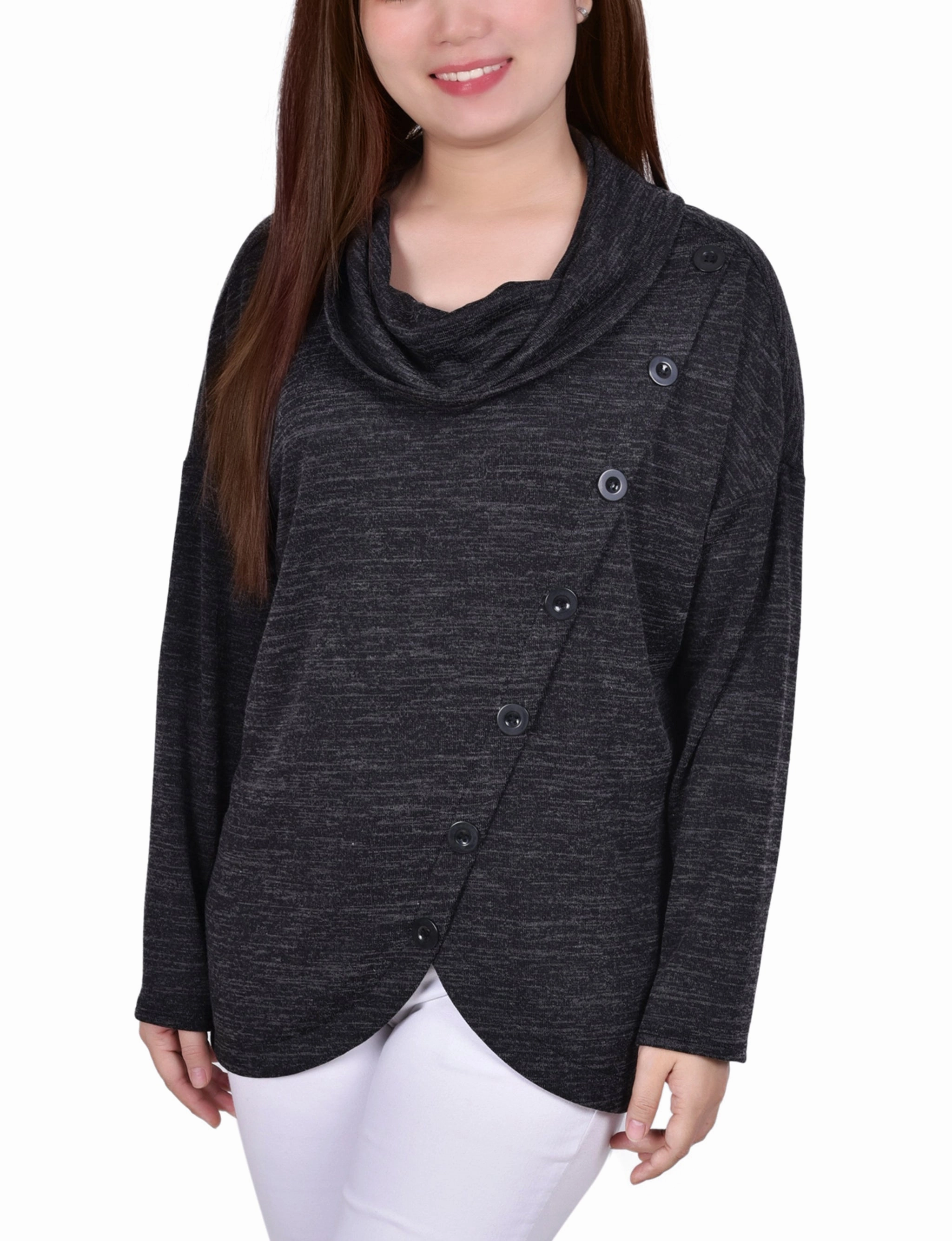 Biodegradable material Contrast Stitch Accent Long Sleeve Cowl Neck Top With Button Detail