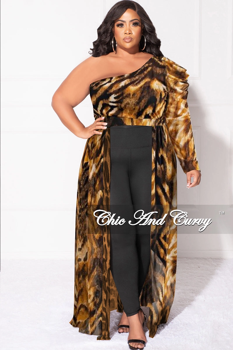 Cozy Stretch Fit Soft Texture Final Sale Plus Size One Shoulder Mesh Top with Train in Tiger Print