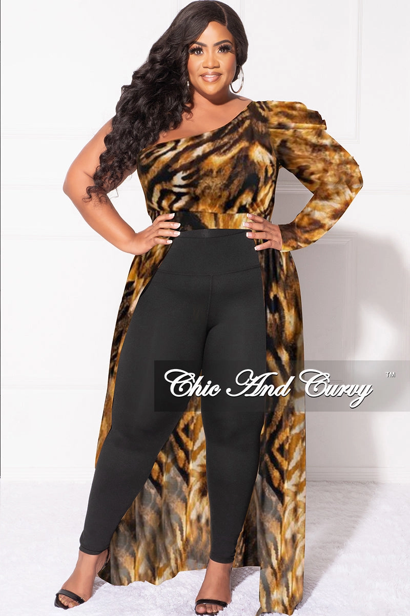 Odor Resistant Treatment Ultra Soft Texture Final Sale Plus Size One Shoulder Mesh Top with Train in Tiger Print