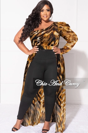 Odor Resistant Treatment Ultra Soft Texture Final Sale Plus Size One Shoulder Mesh Top with Train in Tiger Print