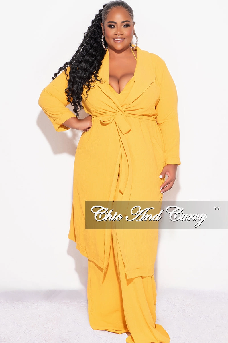 Final Sale Plus Size 3pc (Duster, Crop Self Tie Top & Pants) Set in Mustard Corduroy texture Detachable belt