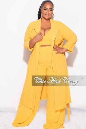 NonRestrictiveCut Final Sale Plus Size 3pc (Duster, Crop Self Tie Top & Pants) Set in Mustard