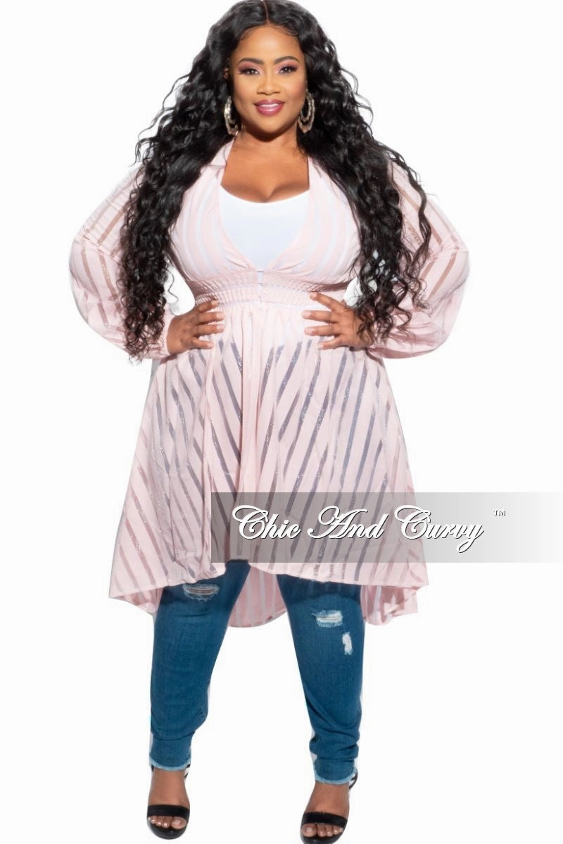 Laser cut Contoured Panel Design Final Sale Plus Size Sheer Button High-Low Duster in Pastel Pink
