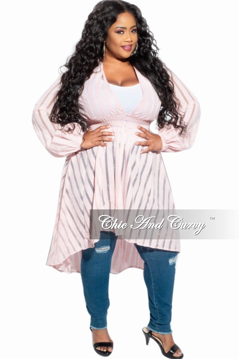 Final Sale Plus Size Sheer Button High-Low Duster in Pastel Pink Comfort Flex