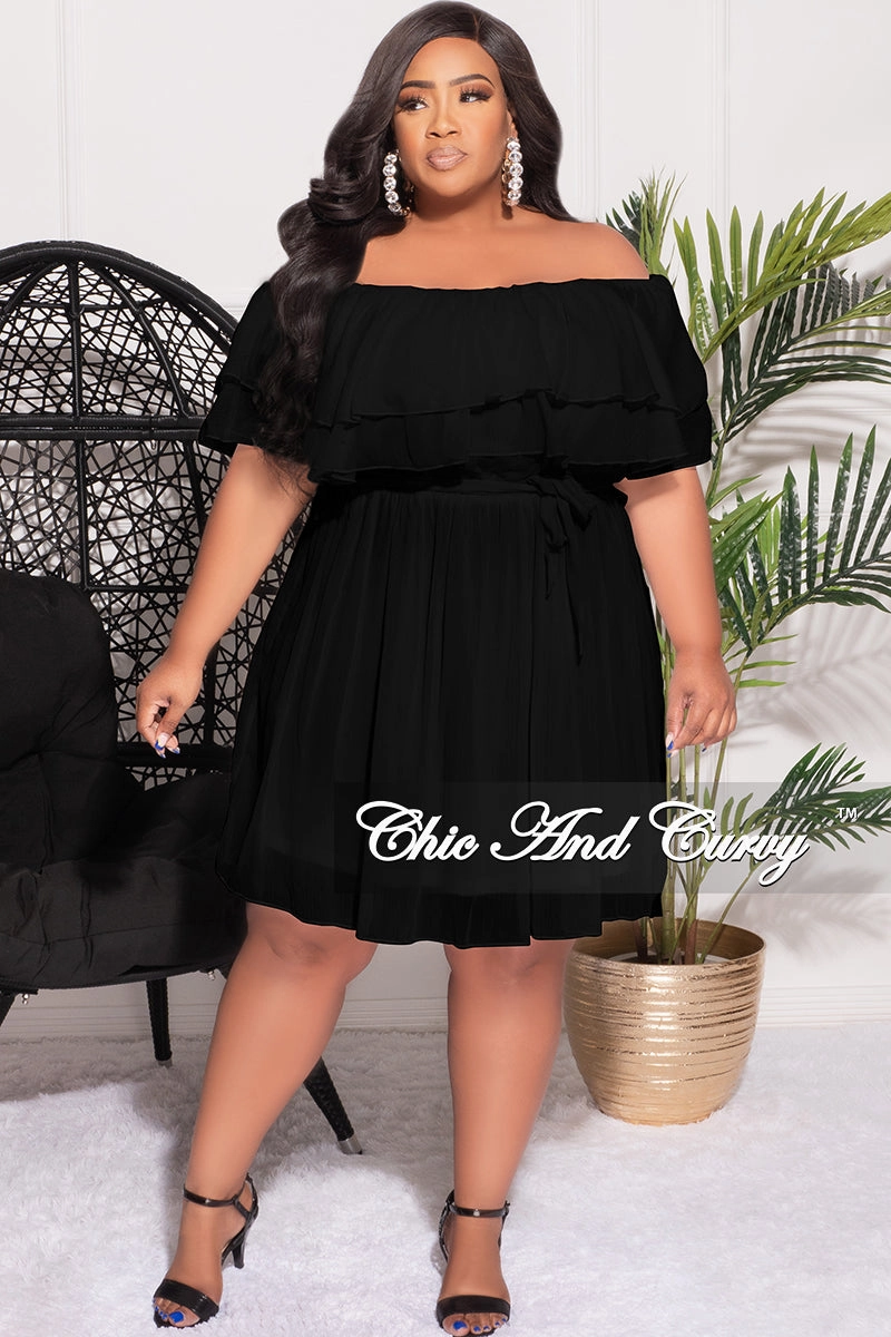 Stretch Movement Final Sale Plus Size Off the Shoulder Dress with Waist Tie in Black