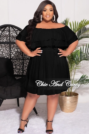 Body Sculpting Final Sale Plus Size Off the Shoulder Dress with Waist Tie in Black