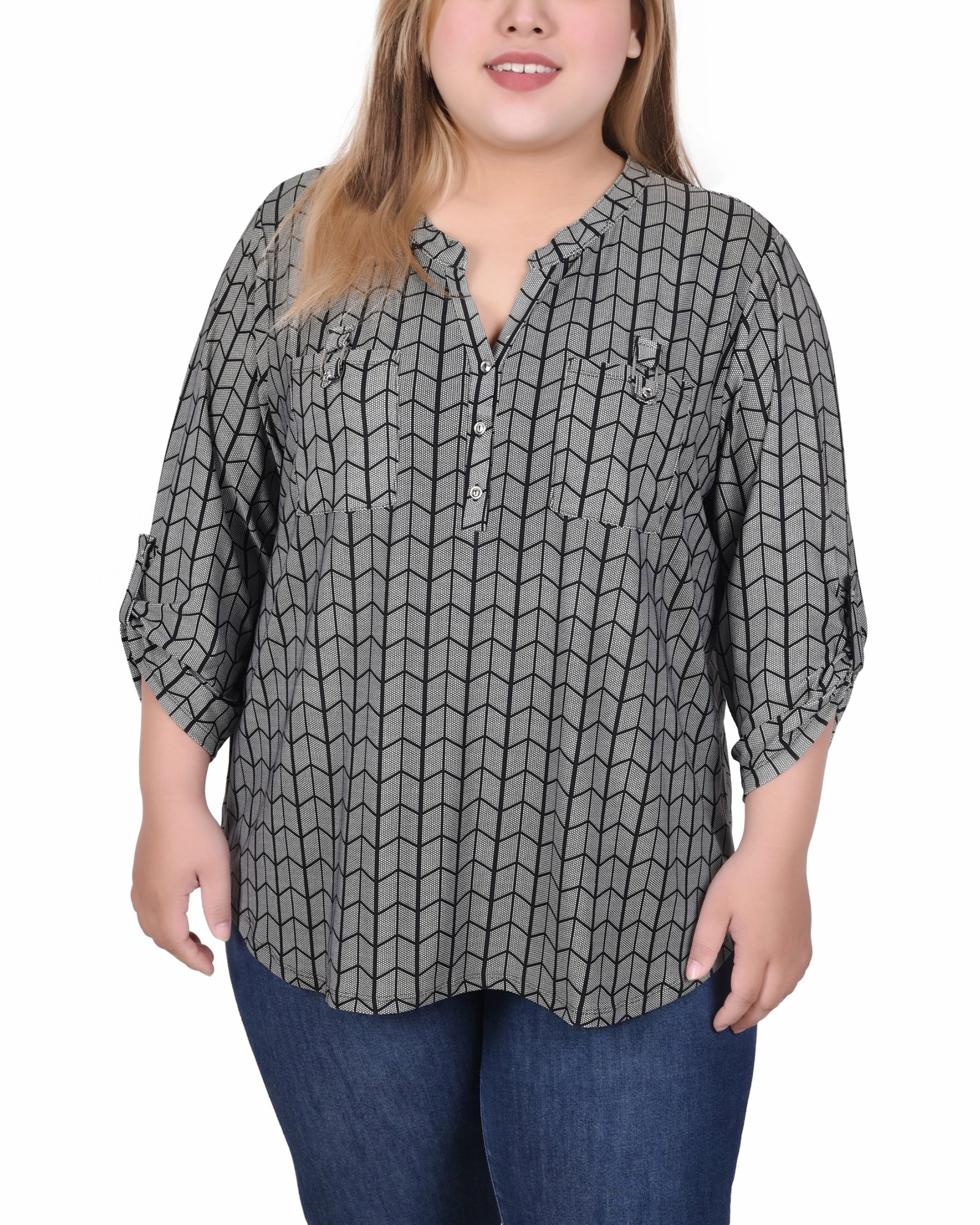 DoubleStitched Long Tab-Sleeve Top With Pockets