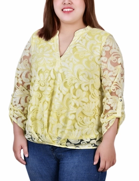 Fade Resistant Finish Plus Size Long Sleeve Burnout Y Neck Blouse