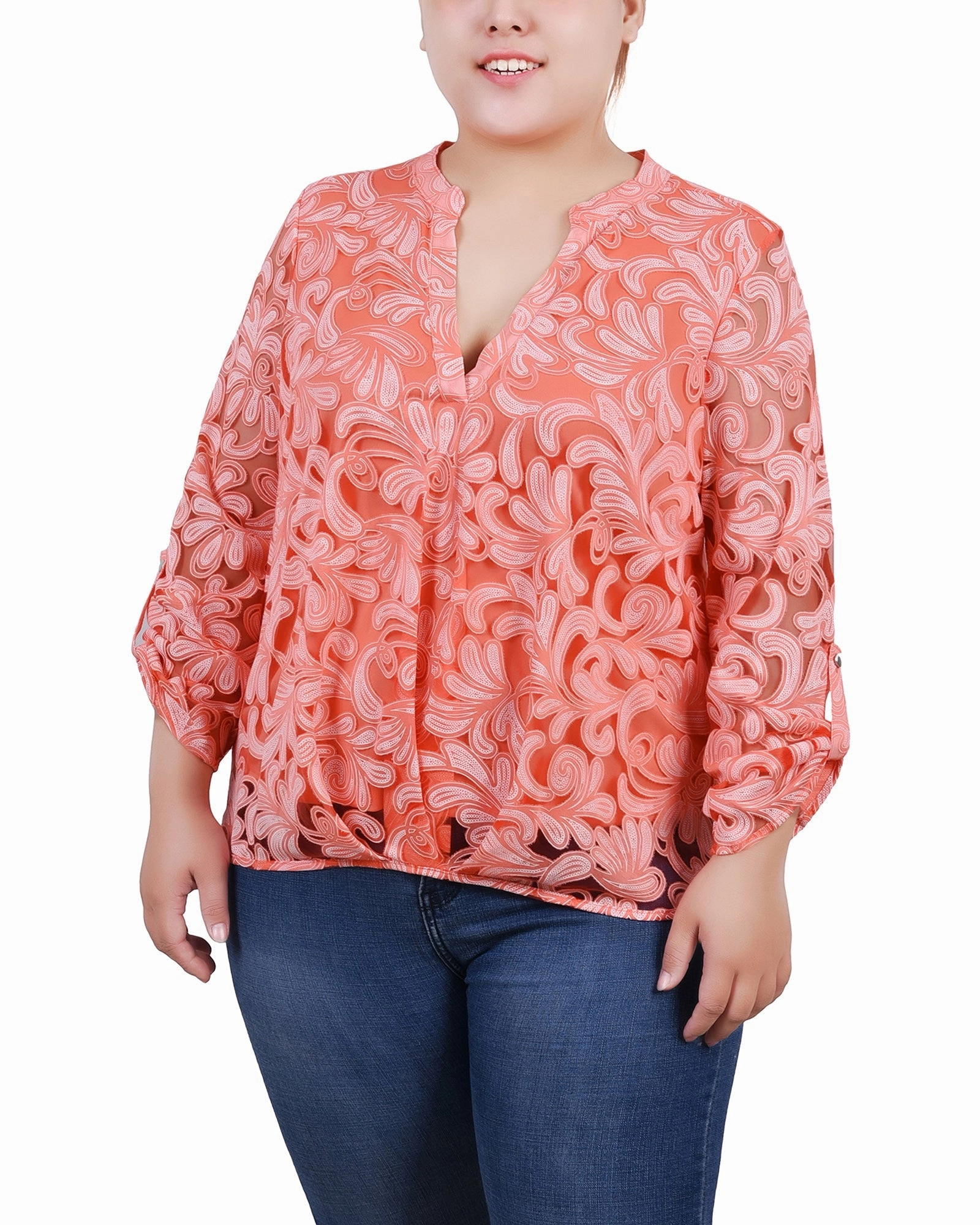 Plus Size Long Sleeve Burnout Y Neck Blouse EasyCareFabric Wrinkle Resistant Treatment