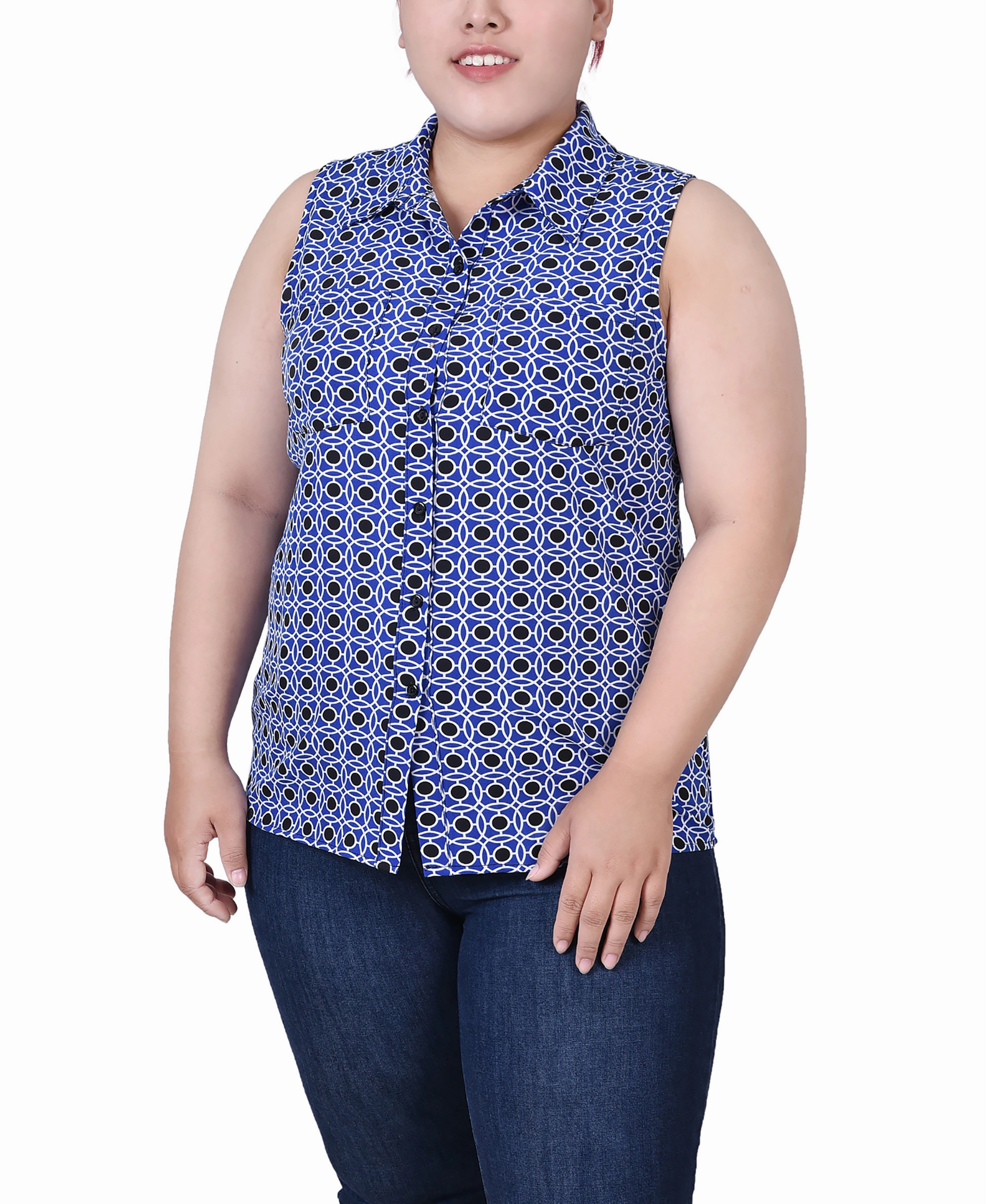 Ergonomic Pattern Design Plus Size Sleeveless Notch Collar Button Front Blouse