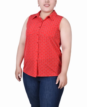 Rolled Hem Detailing Biodegradable Fiber Plus Size Sleeveless Notch Collar Button Front Blouse