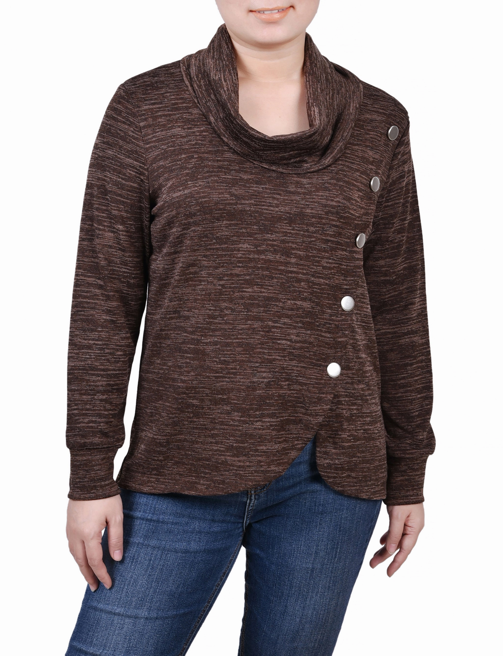 Textured Fabric Finish Long Sleeve Overlapping Cowl Neck Top