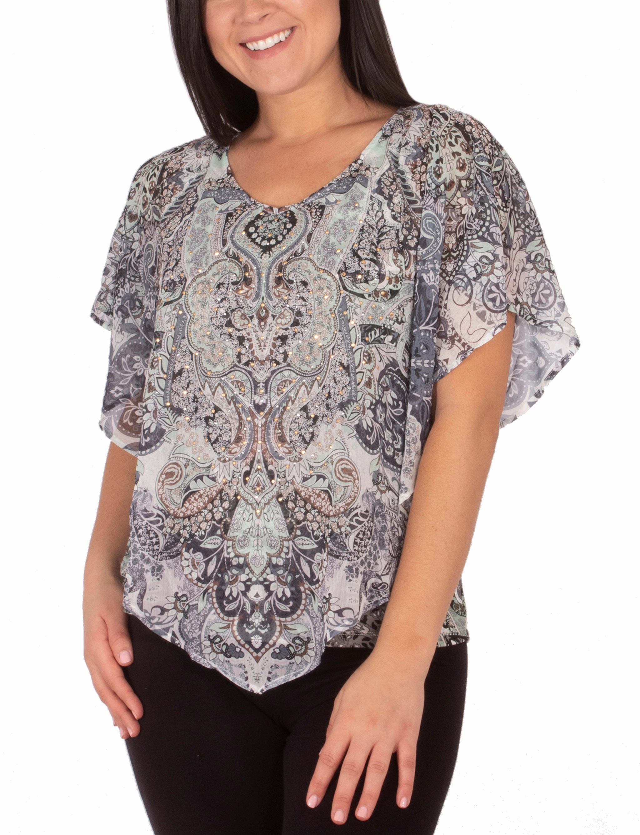 V-Neck Printed Poncho With Nailhead Details Fitted Blouse Sun Protective Fabric