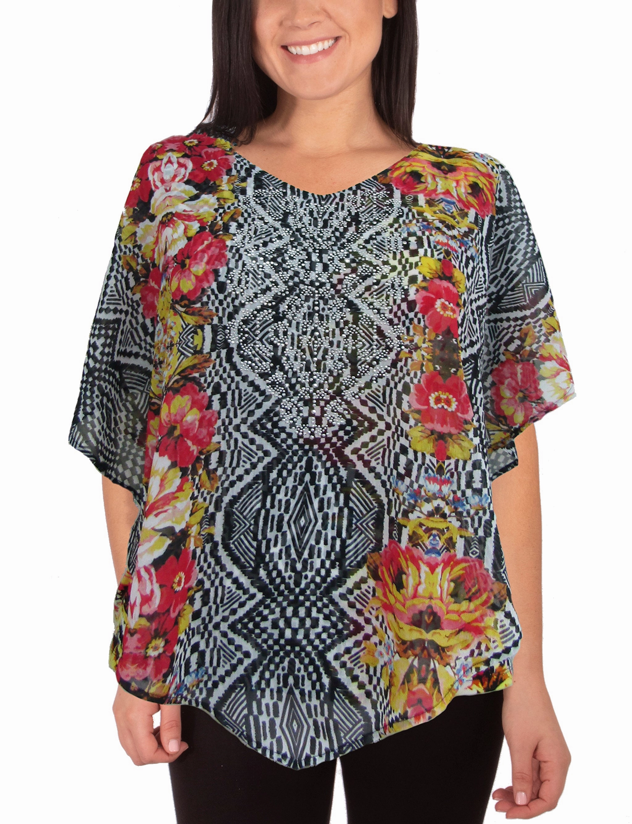 Cool Fabric Asymmetrical hem V-Neck Printed Poncho With Nailhead Details