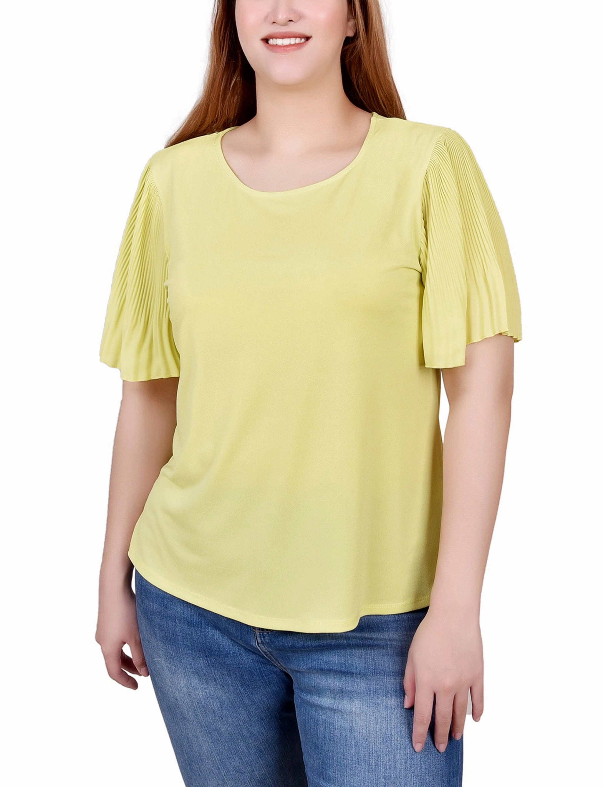 Flexible Neckline Anti Static Weave Technology Petite Pleated-Sleeve Top