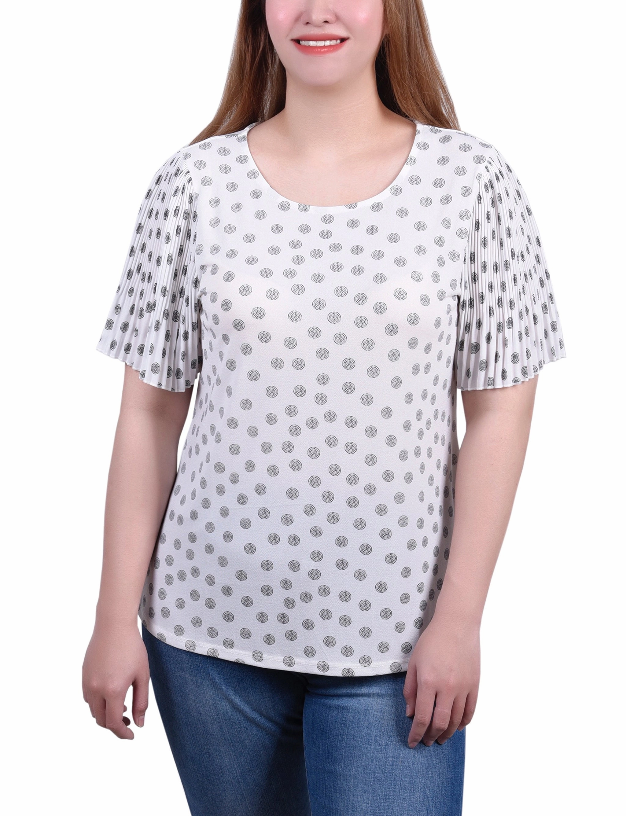 Petite Pleated-Sleeve Top V-neck Blouse