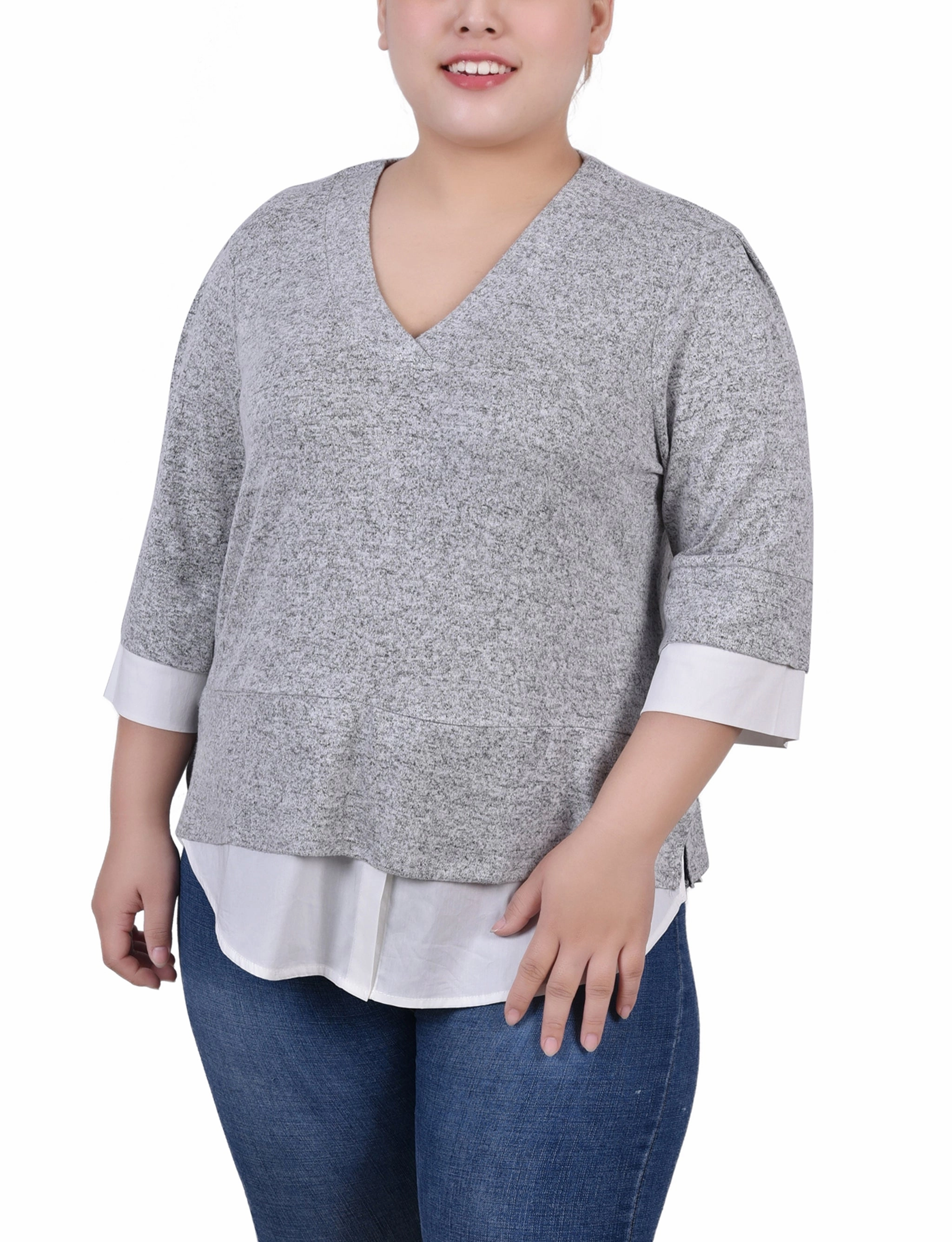 Sustainable Fabric Blend Plus Size Long Sleeve 2-In 1 Top