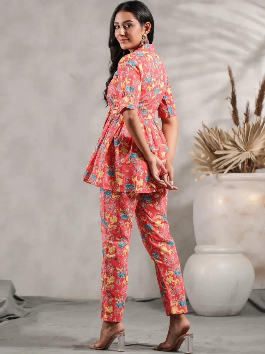Anubhutee Floral Printed Pleated A-Line Pure Cotton Kurti With Trousers