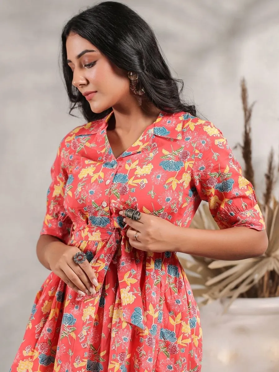 Anubhutee Floral Printed Pleated A-Line Pure Cotton Kurti With Trousers