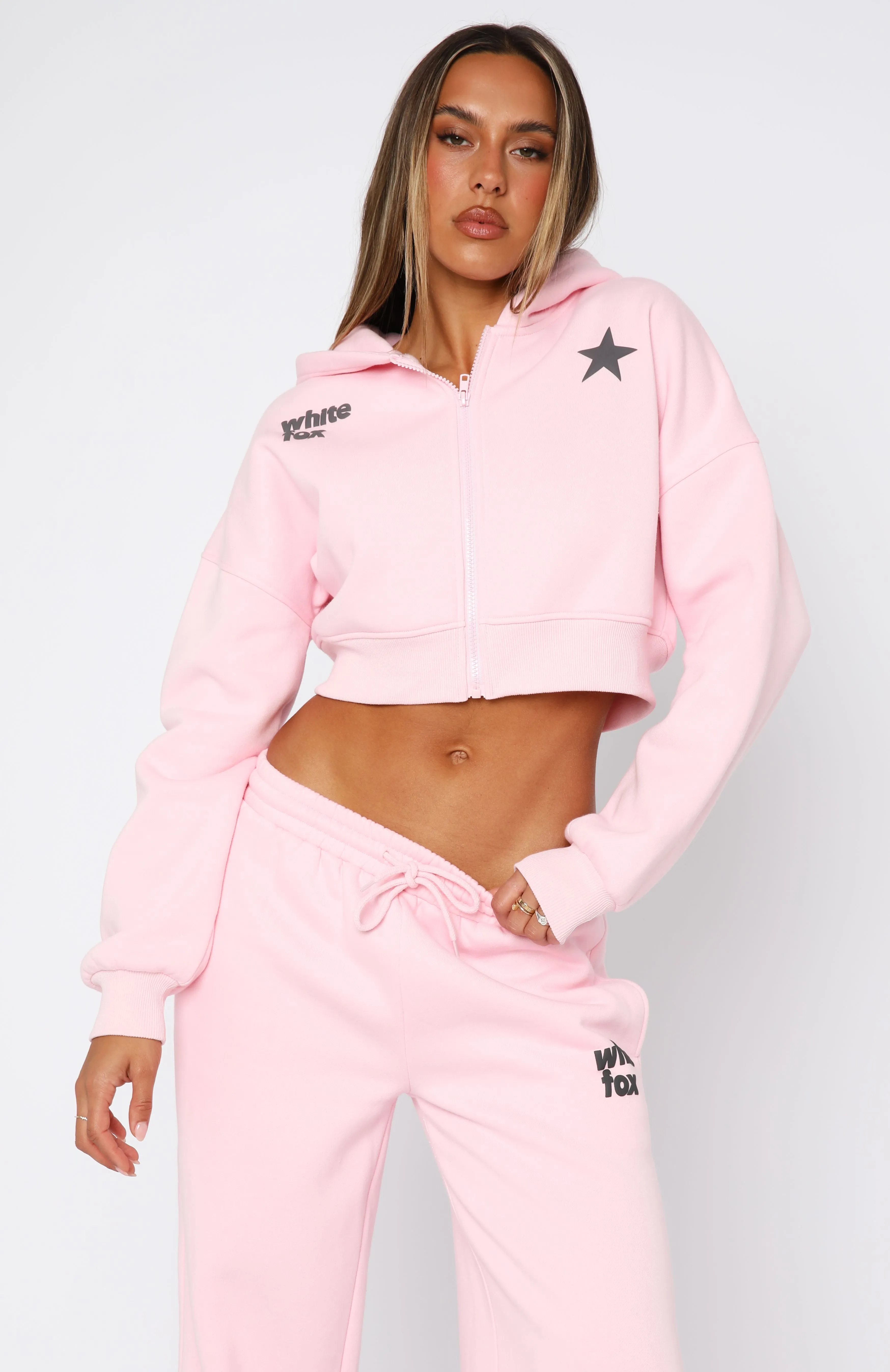From The Archives Charli Cropped Zip Front Hoodie Pink Weekend Ready Ultra Fine Gauge