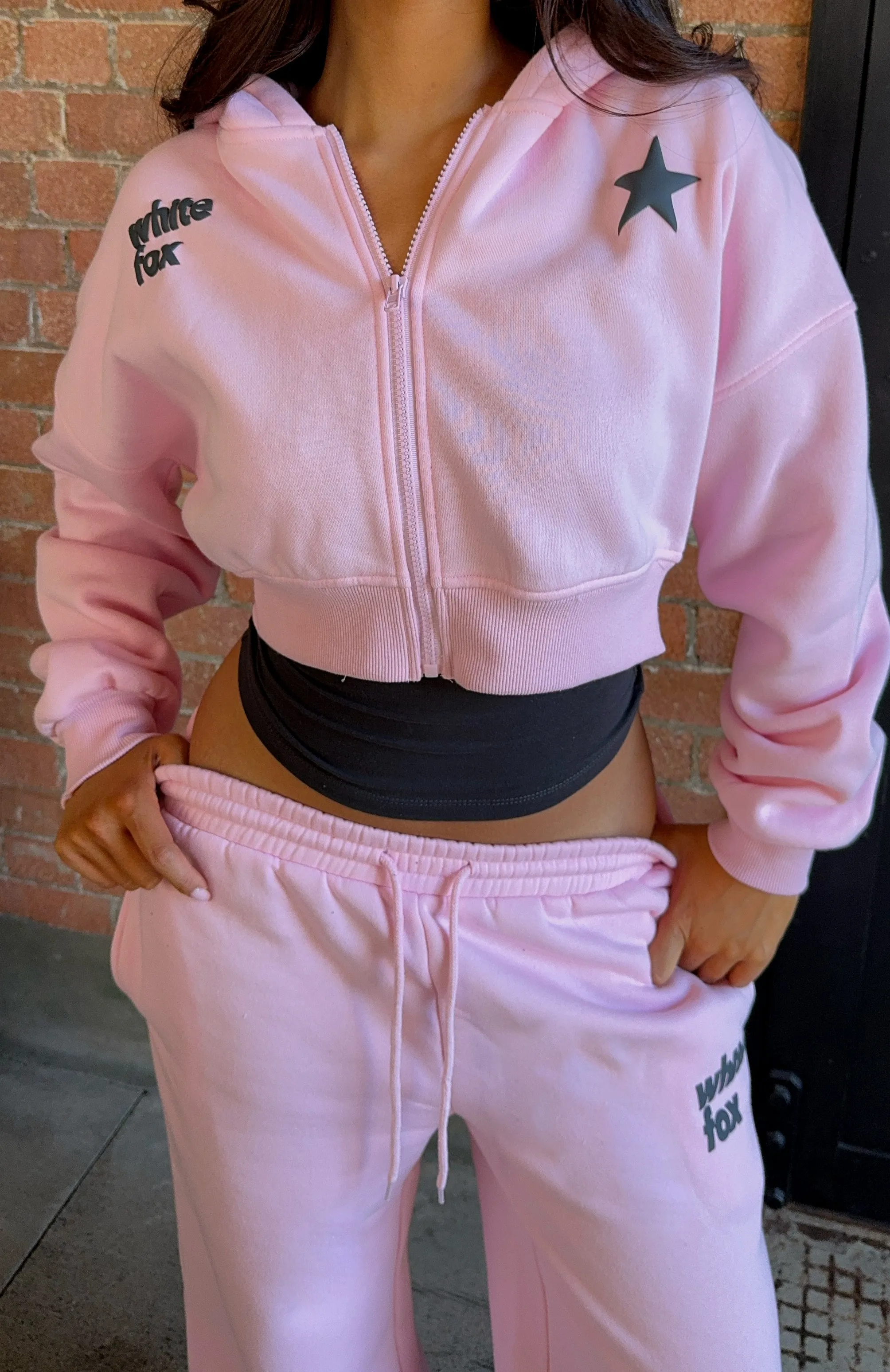 From The Archives Charli Cropped Zip Front Hoodie Pink Easy Comfort Everyday Classic