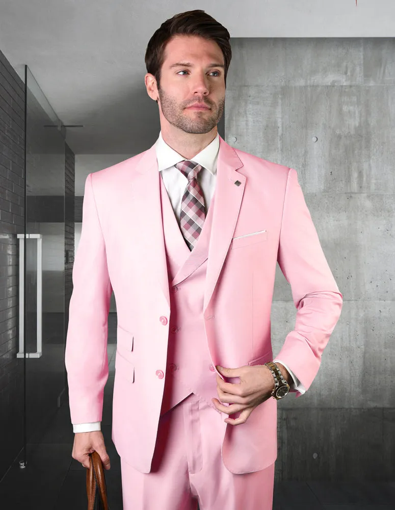 APPLE GREEN SOLID COLOR SUIT. 3PC MODERN FIT FLAT FRONT PANTS WITH DOUBLE BREASTED VEST. SUPER 180'S ITALIAN WOOL | FABRICZARGALA-Pink