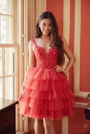 Applique Tulle Ruffle Tiered Short Dress_E904