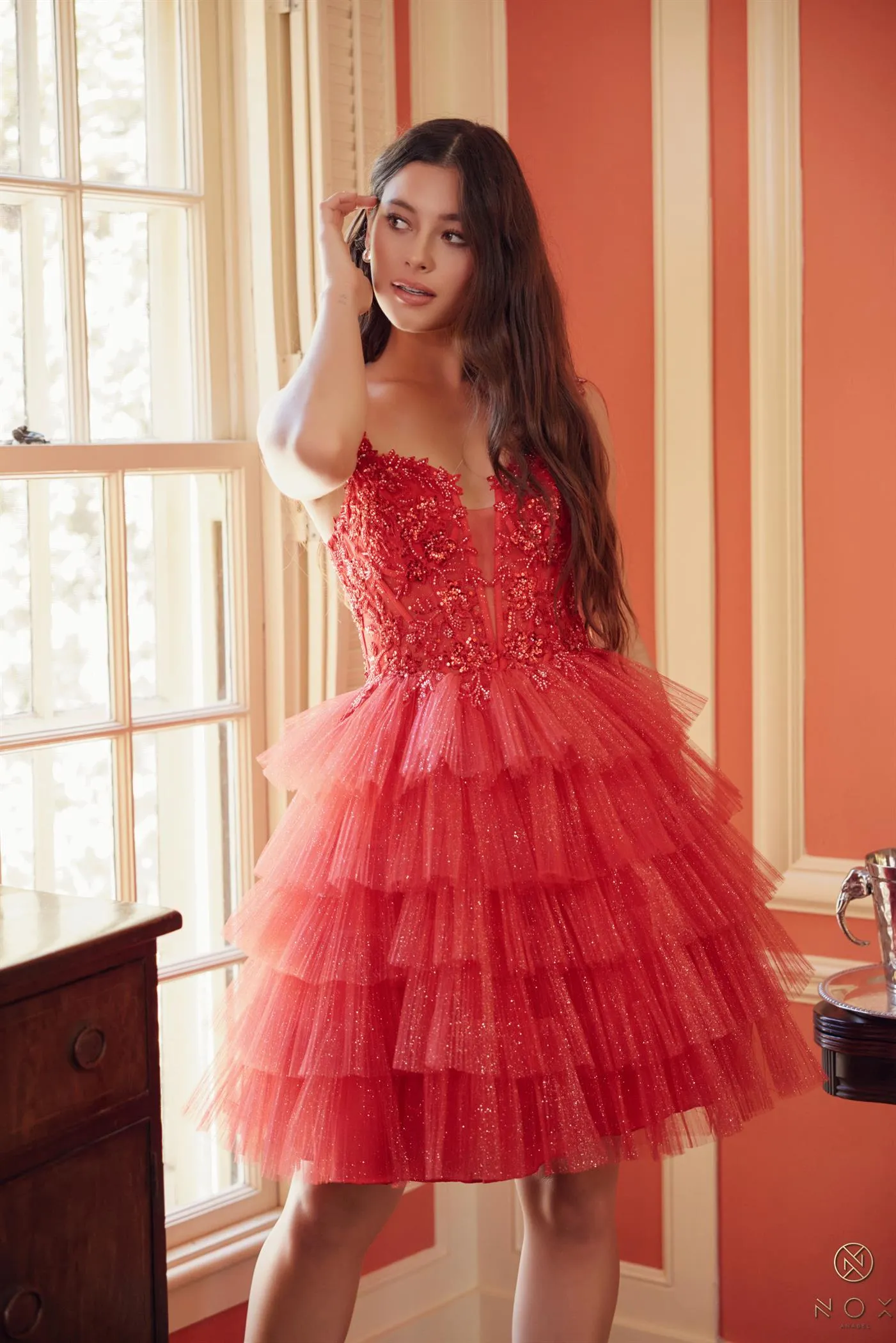 Applique Tulle Ruffle Tiered Short Dress_E904