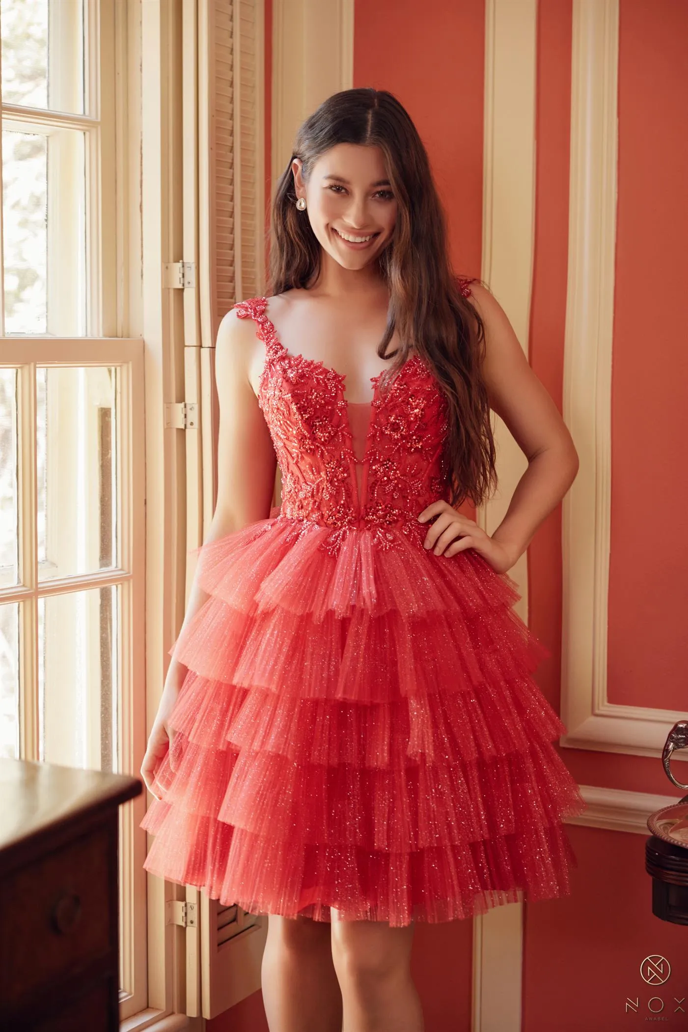 Applique Tulle Ruffle Tiered Short Dress_E904