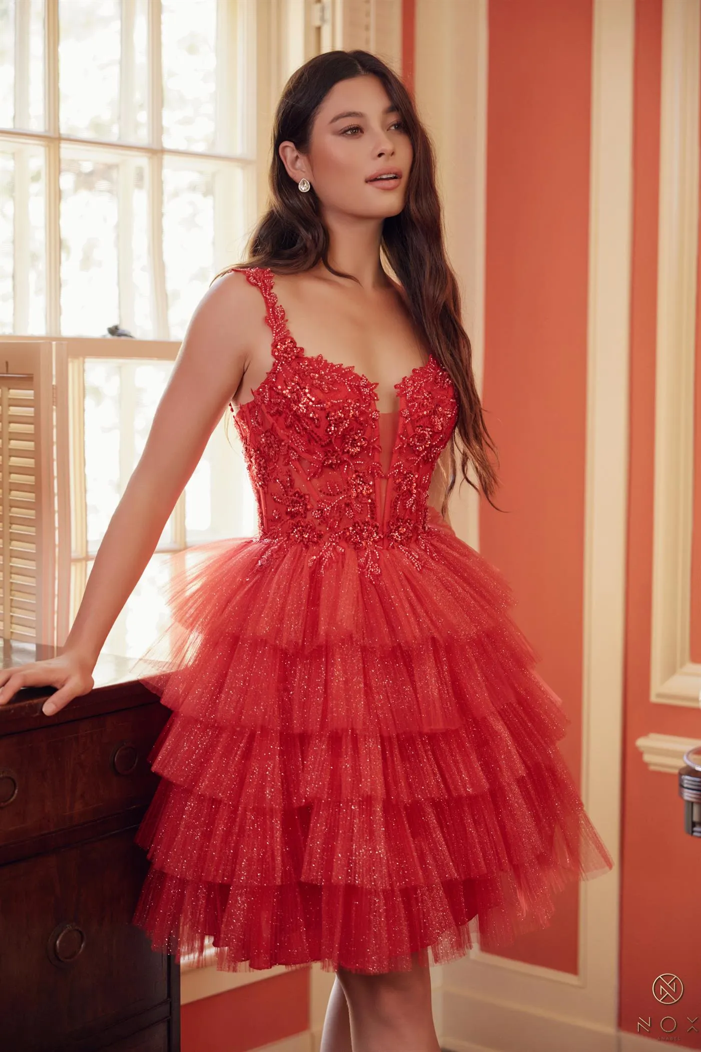 Applique Tulle Ruffle Tiered Short Dress_E904