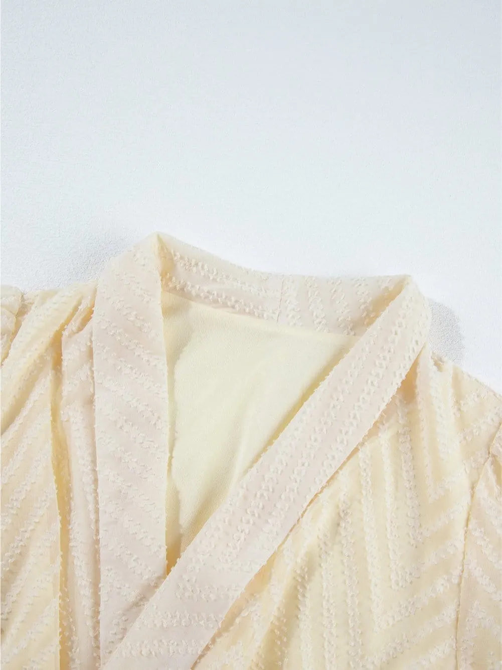 Apricot Chevron Sheer Puff Sleeve Surplice Mini Dress