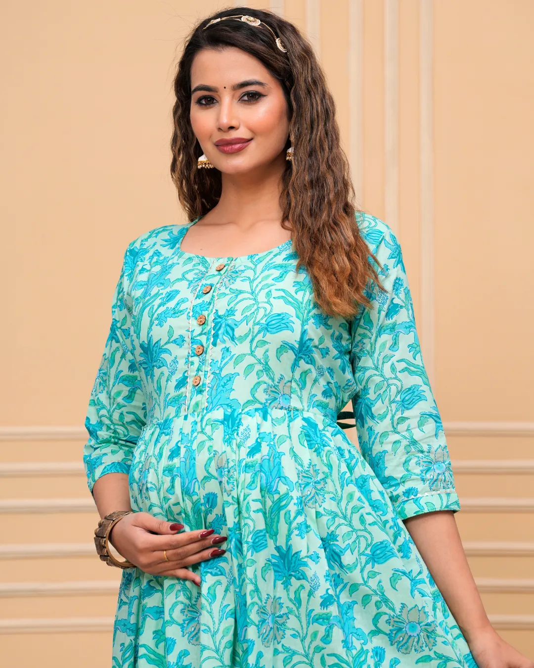 Aqua Blue Maternity Long Kurti: Invisible Feeding Zip