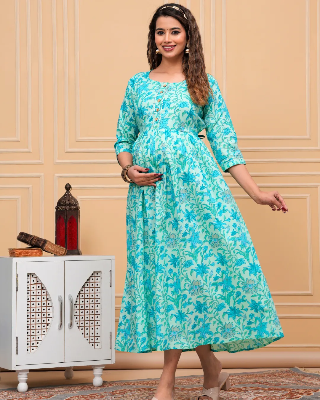 Aqua Blue Maternity Long Kurti: Invisible Feeding Zip