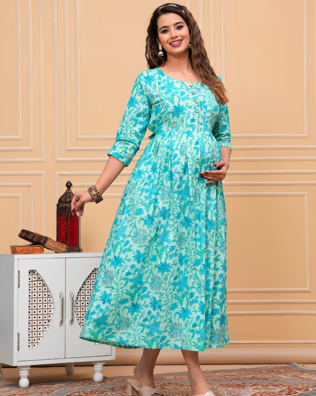 Aqua Blue Maternity Long Kurti: Invisible Feeding Zip