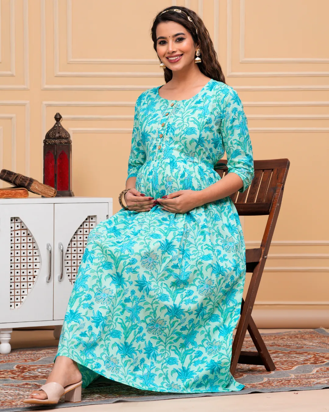 Aqua Blue Maternity Long Kurti: Invisible Feeding Zip