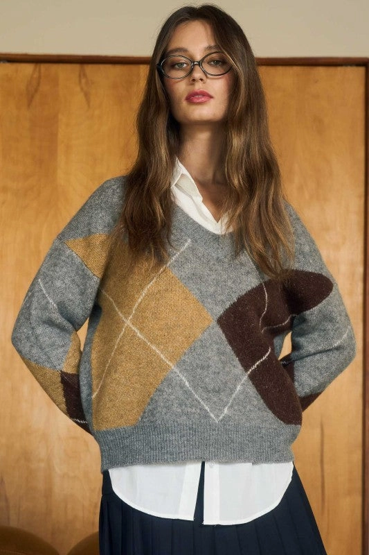 Argyle V Neck Long Sleeve Pullover Sweater Low Profile Zipper