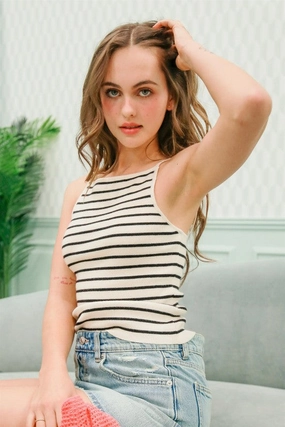 Convertible Collar HighStrength Threadwork Aria Striped Knit Halter Neck Cami Top