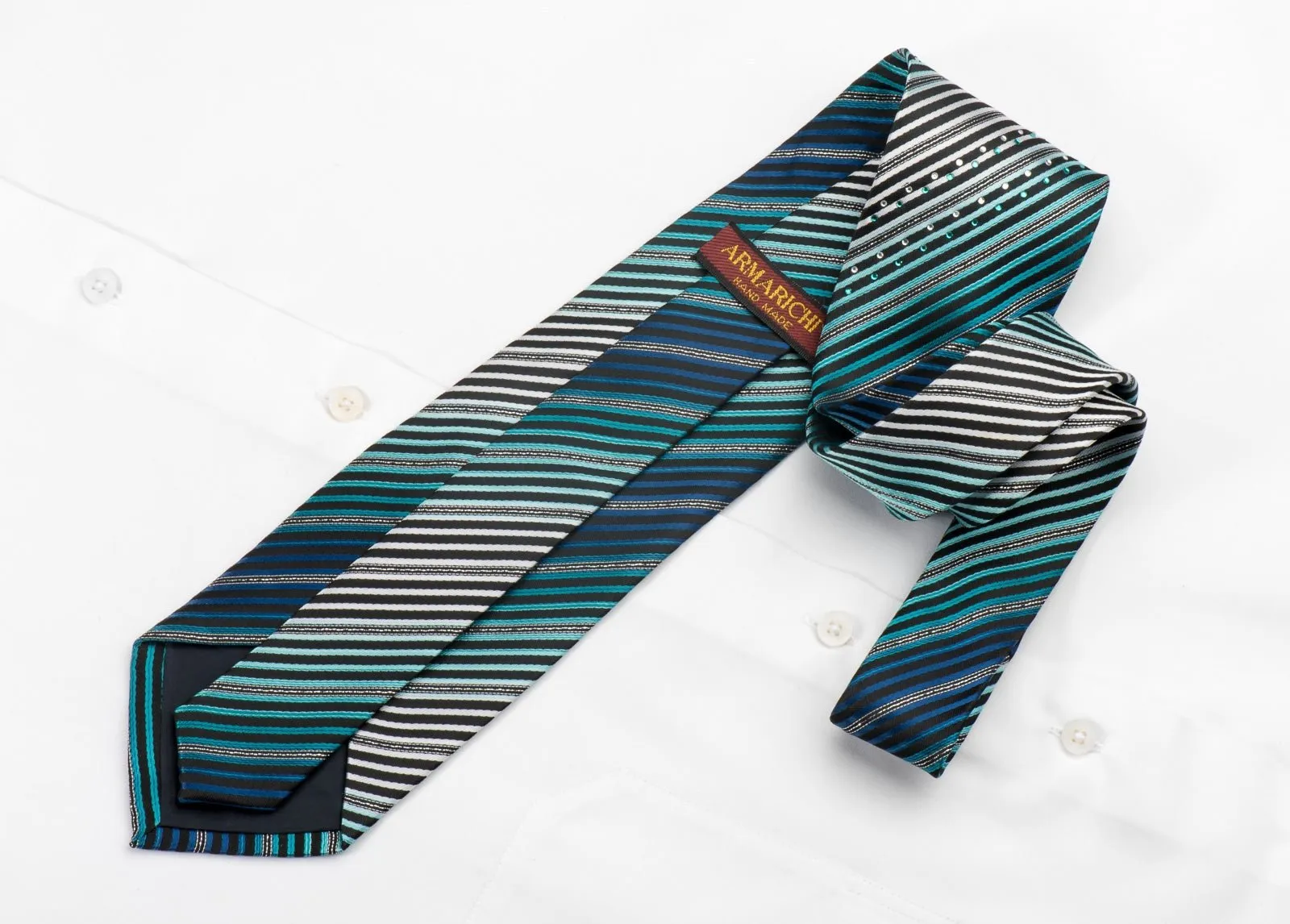 Armarichi Men's Crystal Rhinestone Silk Necktie Striped On Blue With Silver Sparkles