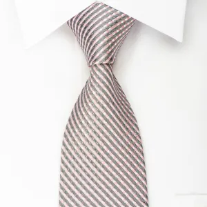 Arpeggio Rhinestone Silk Necktie Silver Floral Stripes On Pink With Silver Sparkles