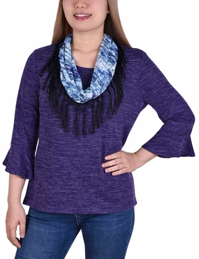 All Season Wear Fabric Reinforced Hems 3/4 Sleeve Top With Detachable Fringed Scarf