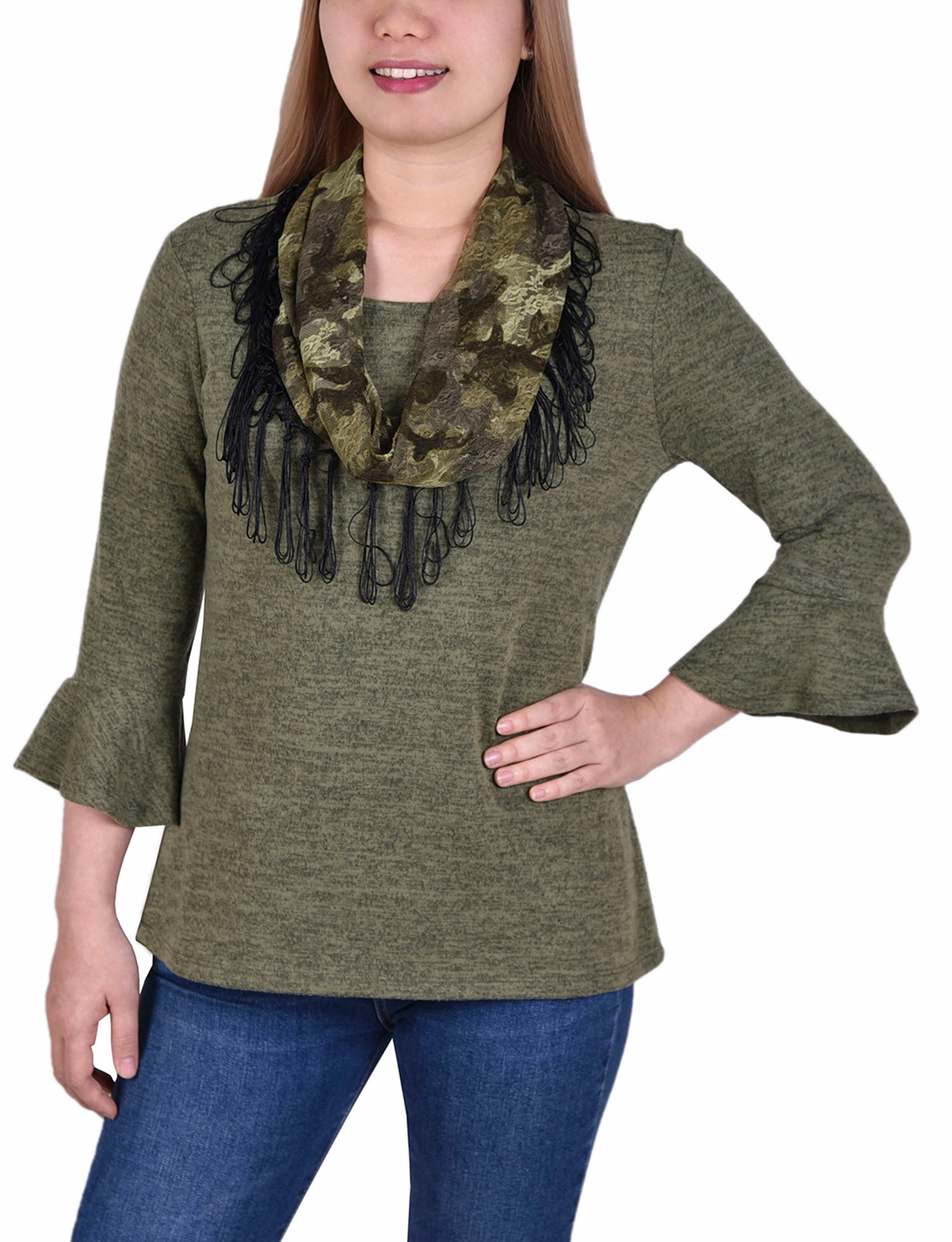 3/4 Sleeve Top With Detachable Fringed Scarf LightReflective Long Sleeve Polo