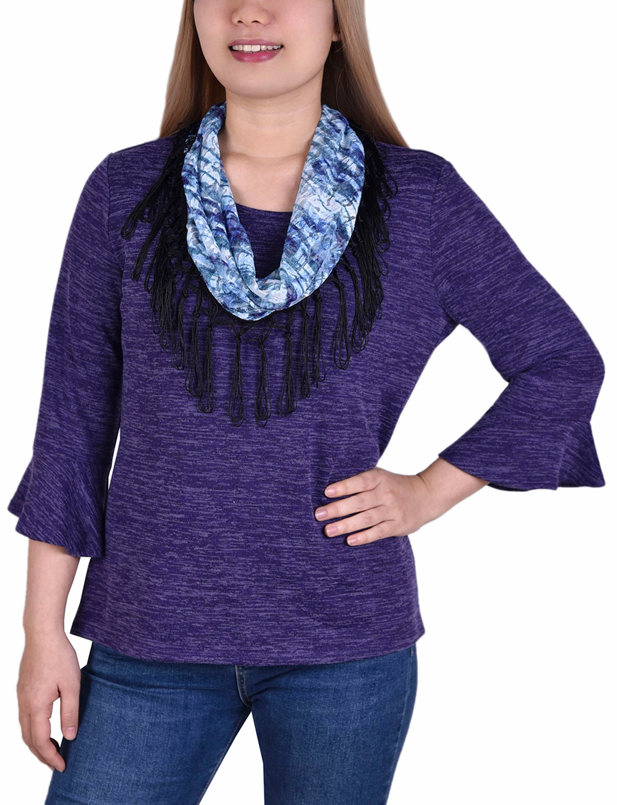 Reinforced Shoulder Panels SnagResistant 3/4 Sleeve Top With Detachable Fringed Scarf