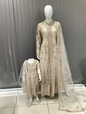 ASHA | Embroidered Net Mother & Daughter Ready To Wear Cream| AS75