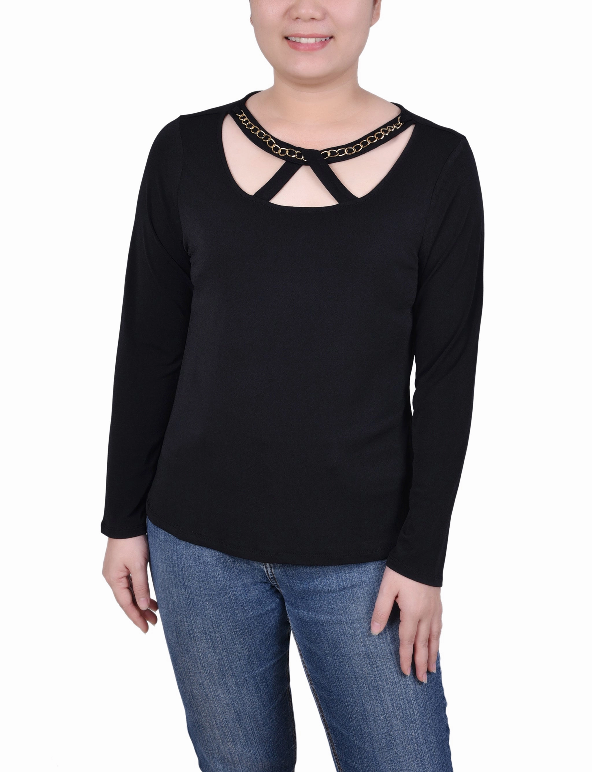 VentilatedBack Long Sleeve Jeweled Neck Top