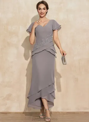 Asymmetrical Chiffon Cascading of the Mother of the Bride Dresses With Dress V-neck Sheath/Column Lace Bride Ruffles Mother Appliques Luciana