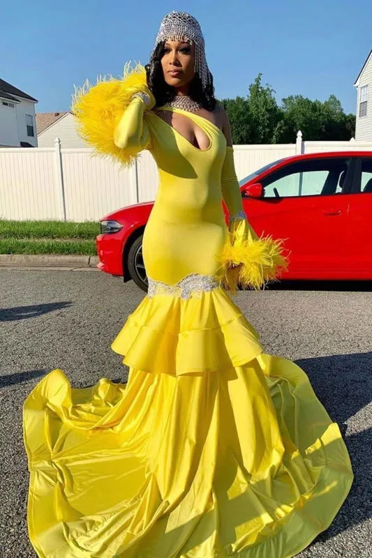 Asymmetrical Long Sleeves Mermaid Prom Dresses with Train