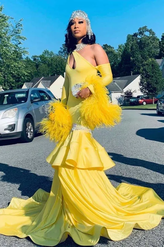 Asymmetrical Long Sleeves Mermaid Prom Dresses with Train
