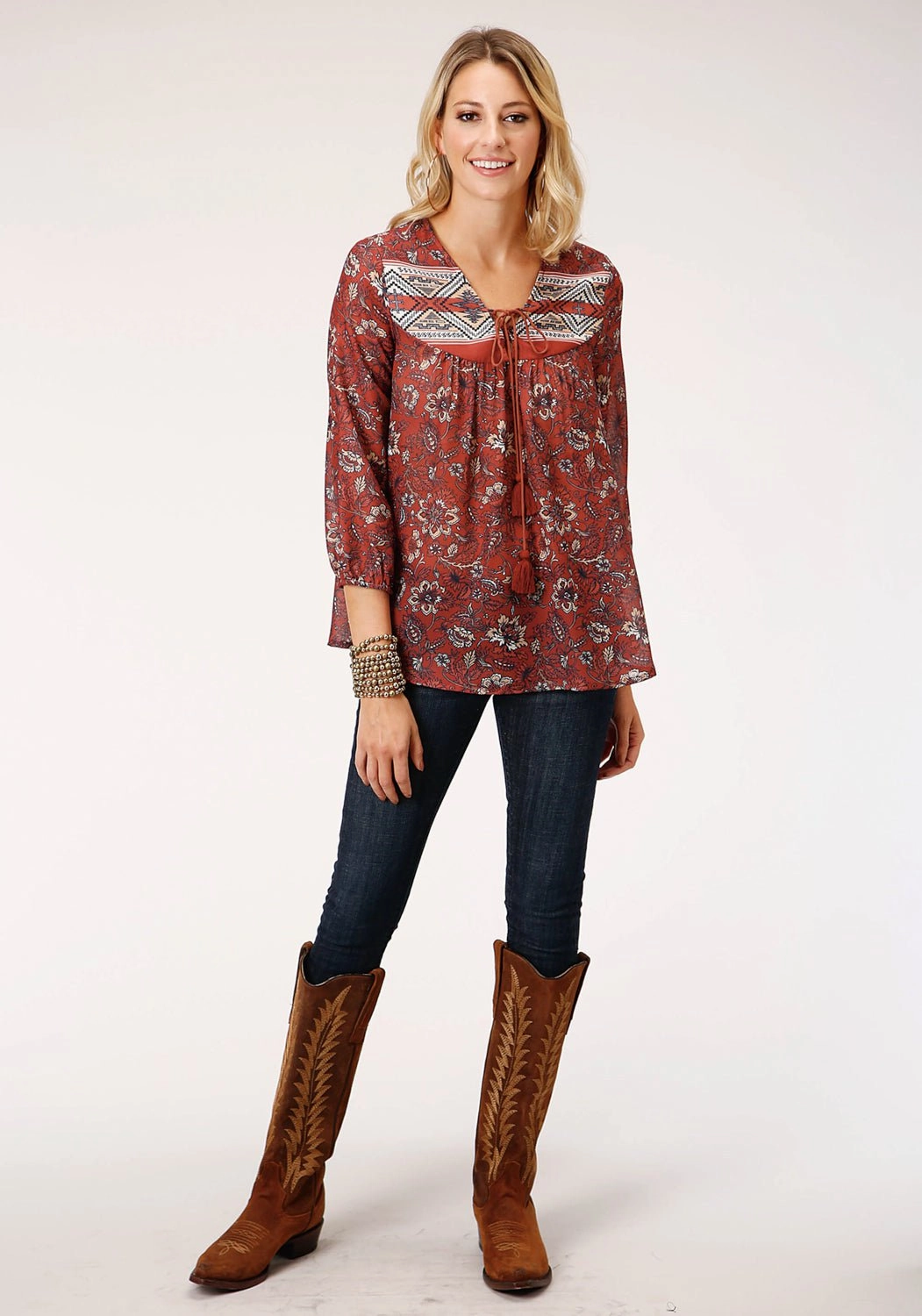 Roper Womens Rust Polyester Floral Border 3/4 Sleeve Blouse bohemian flair Ethical production
