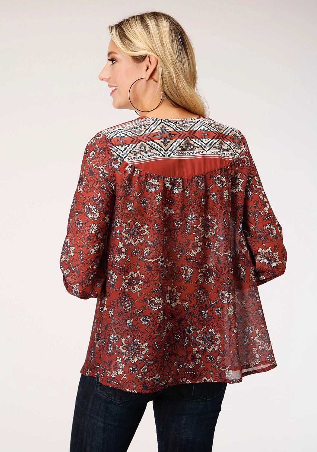 Easy Fit Roper Womens Rust Polyester Floral Border 3/4 Sleeve Blouse